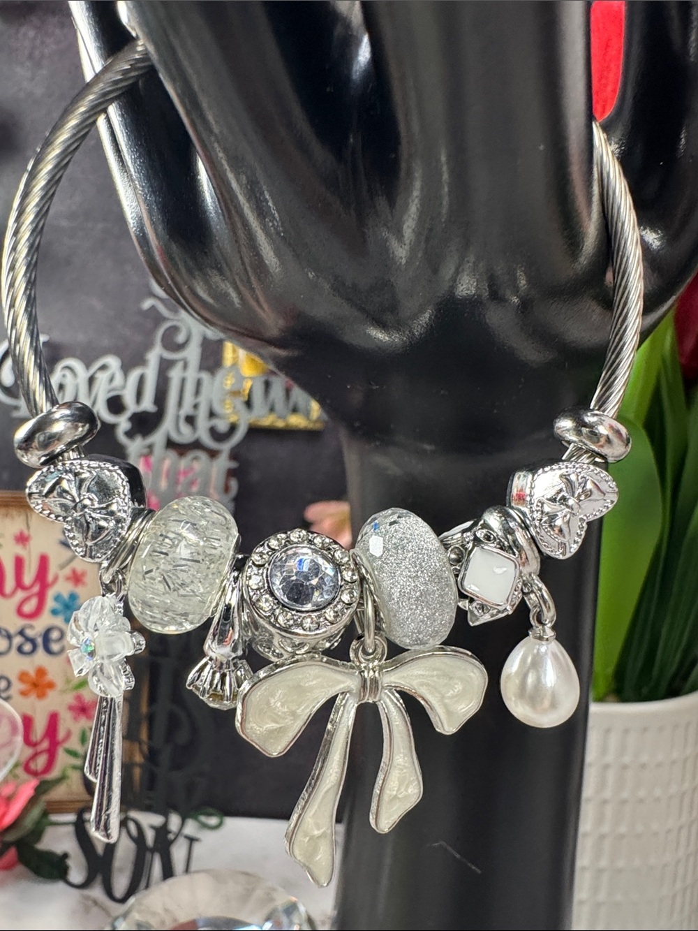 Silver Bow Charm Bracelet with White and Clear Accents